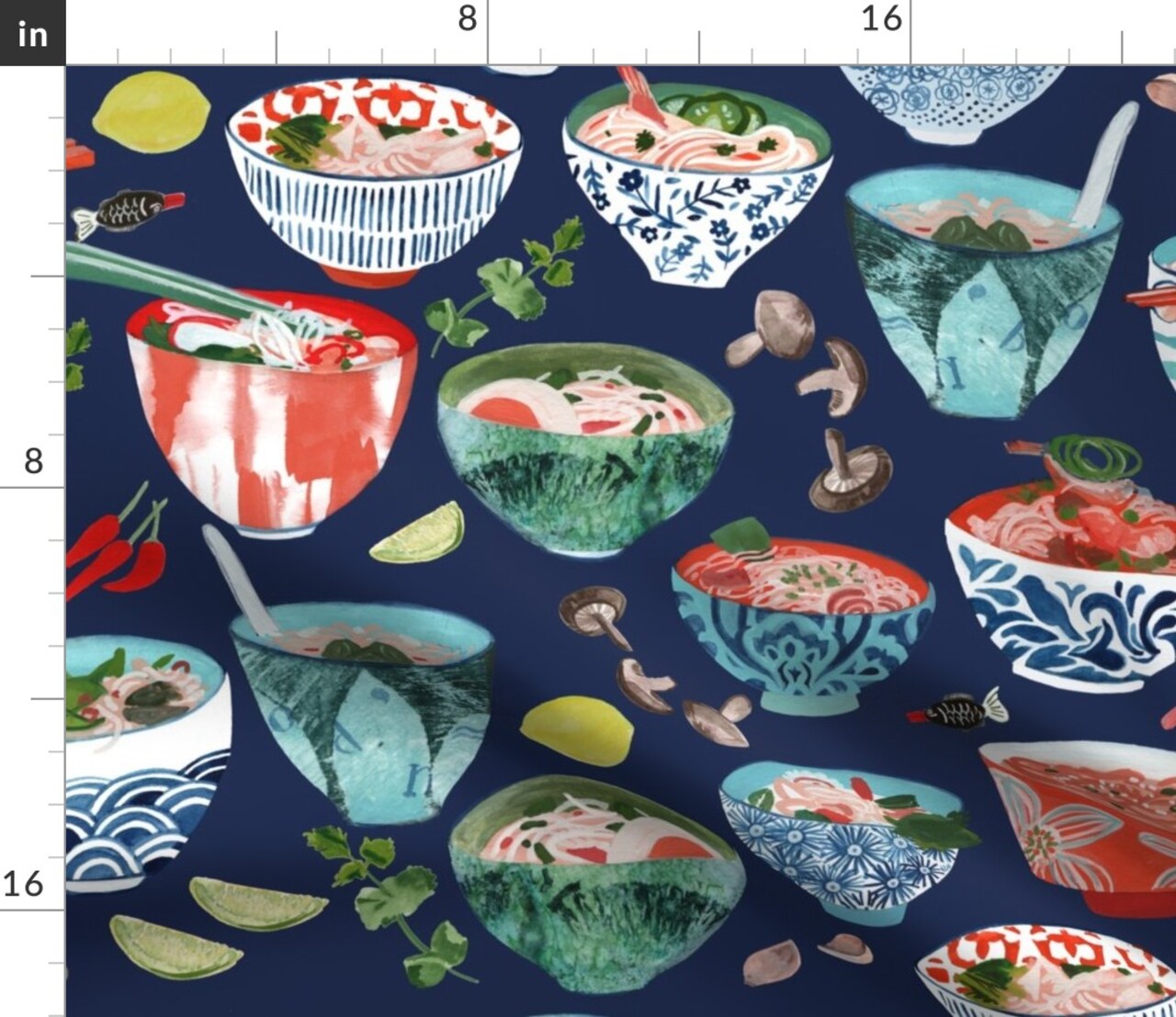 Noodle Bowl Collection Indigo Large Bright Blue Custom Printed Fabric by Spoonflower Various Fabrics by the Yard or Fat Quarter